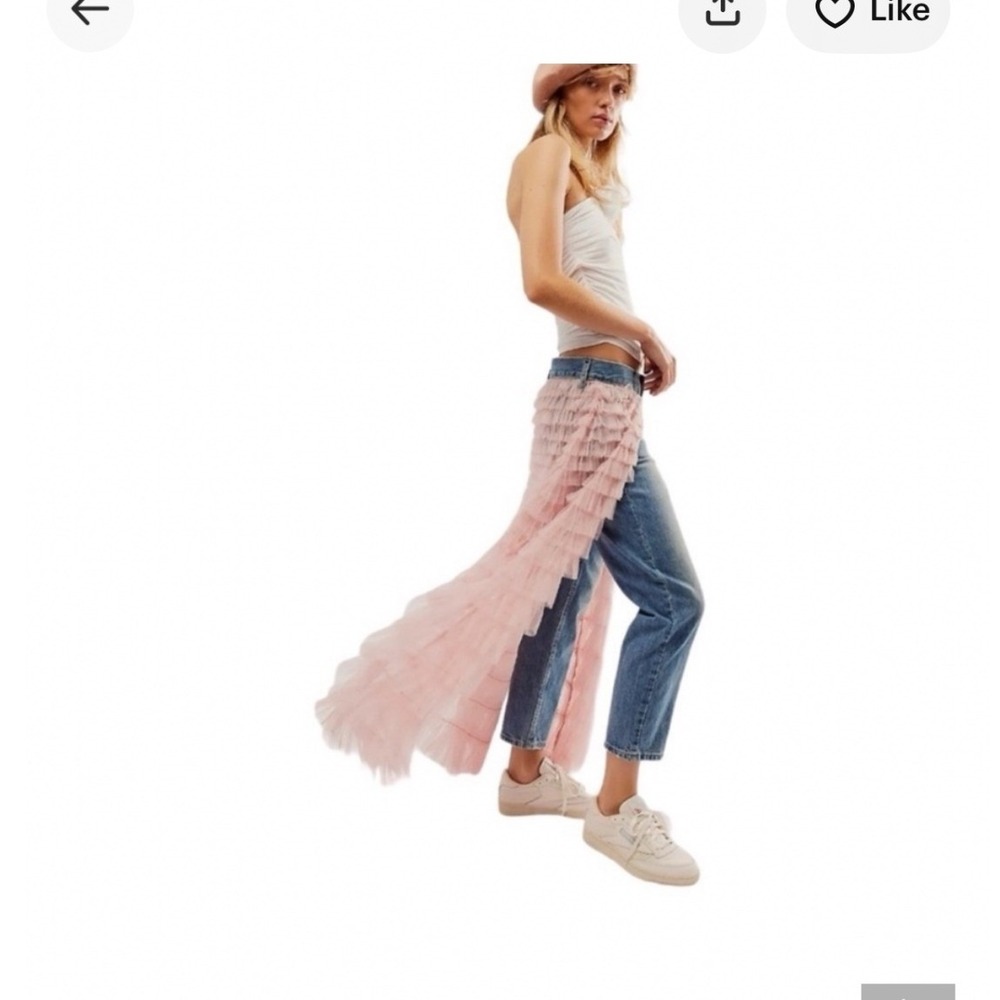Free People We The Free Pirouette Pink Tiered Tulle Overlay Jeans Blue 28 - Picture 2 of 11